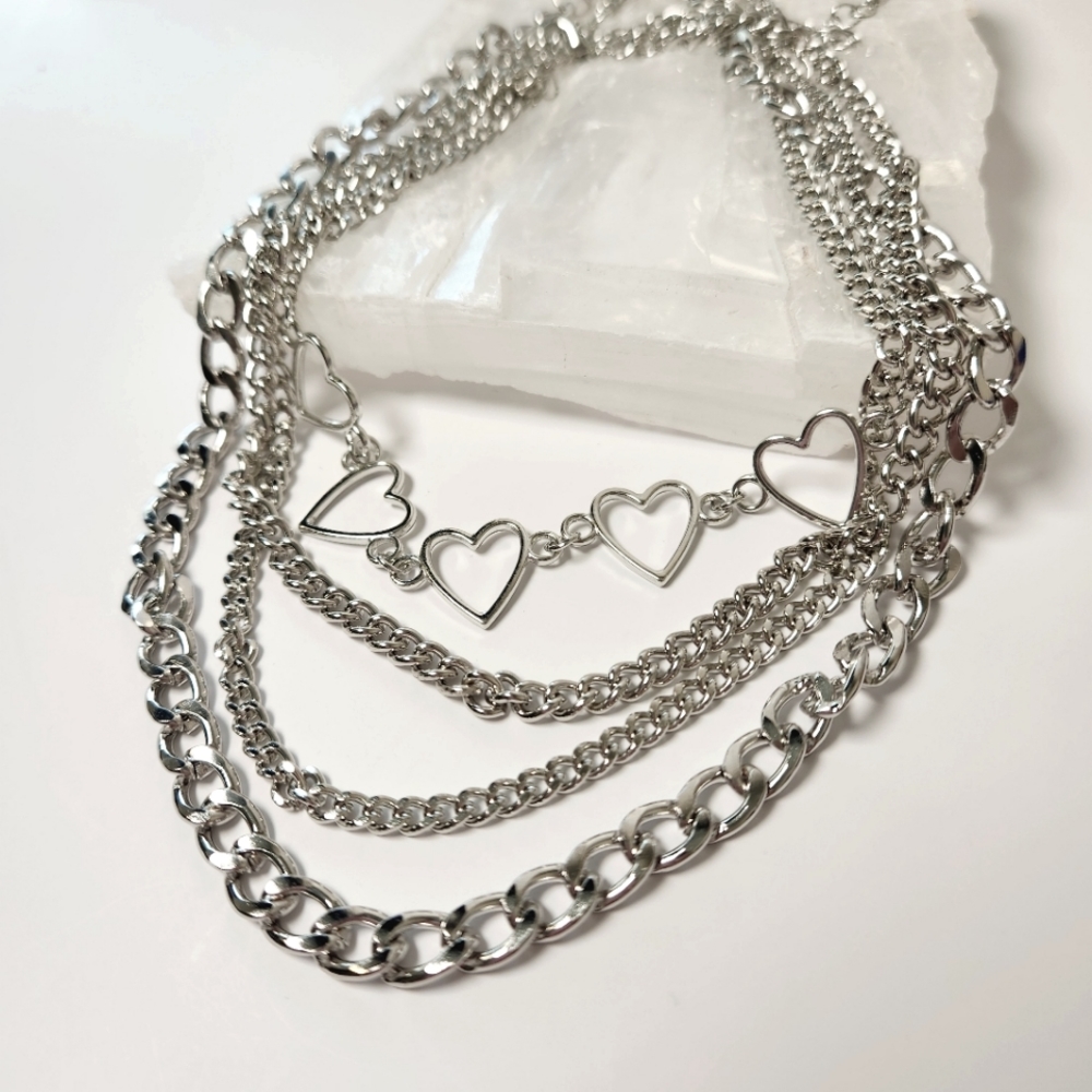 Layered Silver Heart Choker Chain Heart Necklace Set of 4 Chunky Jewelry